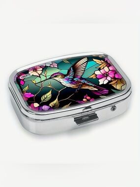 Hummingbird stained glass design 2 Compartment Pill Box for purse,travel. New.